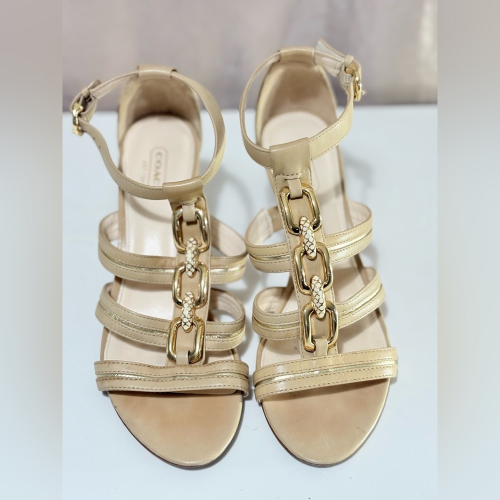 COACH Blake Women's Tan & Gold Leather Strappy HIgh Heel Sandals Shoes Sz 7.5 B